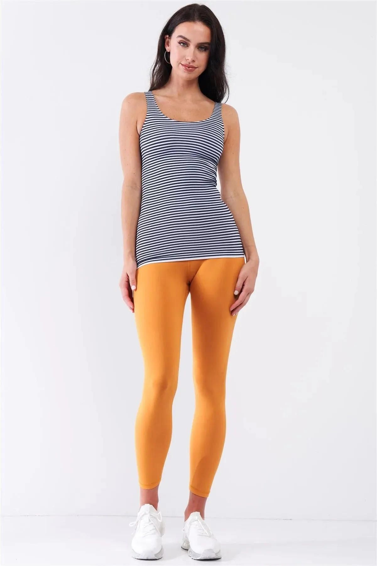 Blue Striped Basic Sleeveless Round Neck Fitted Sports Cami Top /3-3