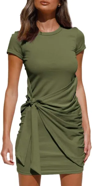 LILLUSORY Womens Casual Short Sleeve T Shirt Dress 2025 Summer Bodycon Wrap Ruched Mini Night Out Sundress