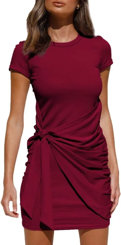 LILLUSORY Womens Casual Short Sleeve T Shirt Dress 2025 Summer Bodycon Wrap Ruched Mini Night Out Sundress
