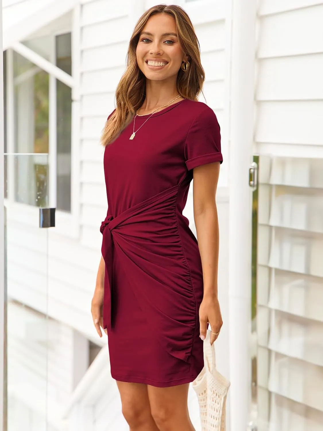 LILLUSORY Womens Casual Short Sleeve T Shirt Dress 2025 Summer Bodycon Wrap Ruched Mini Night Out Sundress
