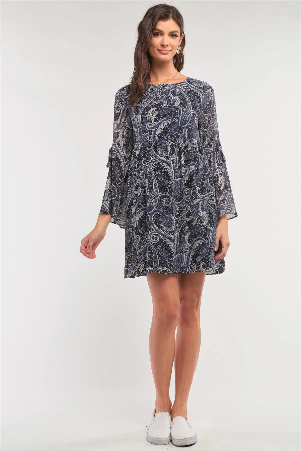 Navy Multicolor Paisley Print Loose Fit Trumpet Sleeve Self-Tie Detail Mini Dress /1-2-2-1