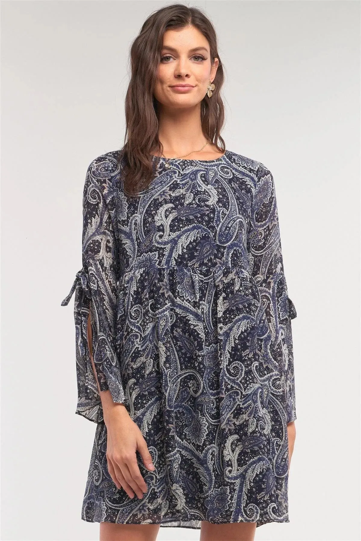 Navy Multicolor Paisley Print Loose Fit Trumpet Sleeve Self-Tie Detail Mini Dress /1-2-2-1