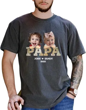 Personalized Papa T-Shirt with Custom Kids Faces and Names, Unique 2025 for New Dads, Custom Photo Tee for Papa, Dad Shirt with Kids Names and Year, for Fathers Day Multi