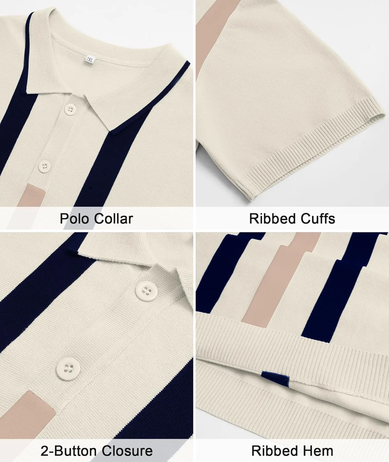 Ryehack Mens Casual Polo Shirts Knit Short Sleeve Vintage Striped Button T-Shirt Slim Fit Golf Vacation Shirt