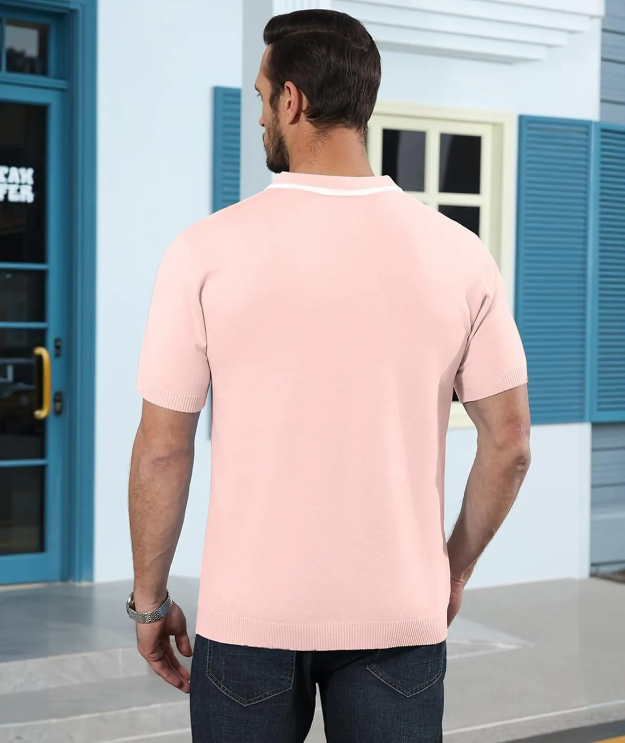 Ryehack Mens Casual Polo Shirts Knit Short Sleeve Vintage Striped Button T-Shirt Slim Fit Golf Vacation Shirt