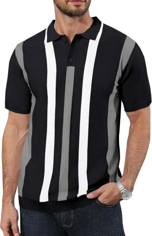 Ryehack Mens Casual Polo Shirts Knit Short Sleeve Vintage Striped Button T-Shirt Slim Fit Golf Vacation Shirt