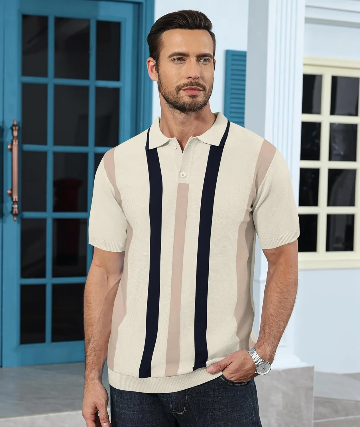 Ryehack Mens Casual Polo Shirts Knit Short Sleeve Vintage Striped Button T-Shirt Slim Fit Golf Vacation Shirt