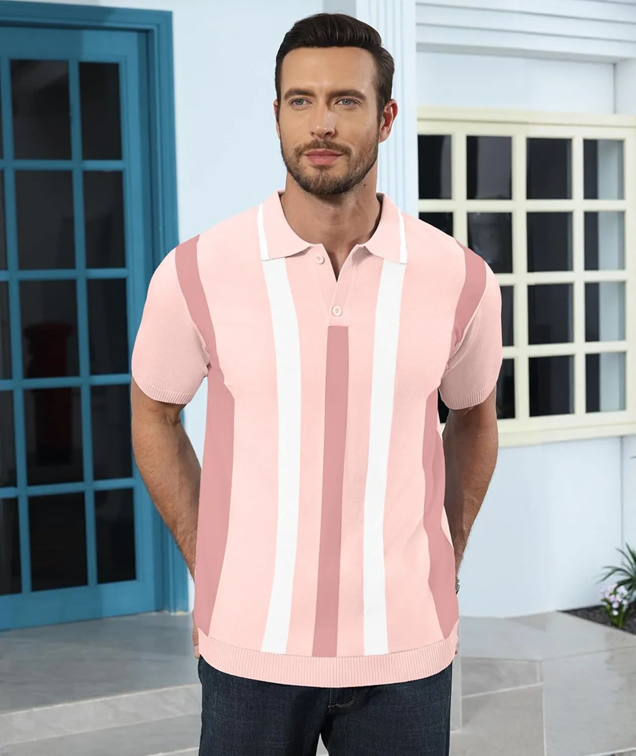 Ryehack Mens Casual Polo Shirts Knit Short Sleeve Vintage Striped Button T-Shirt Slim Fit Golf Vacation Shirt