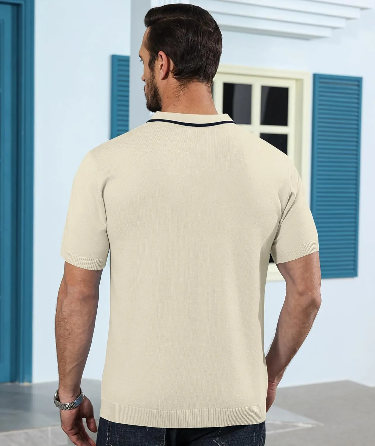 Ryehack Mens Casual Polo Shirts Knit Short Sleeve Vintage Striped Button T-Shirt Slim Fit Golf Vacation Shirt