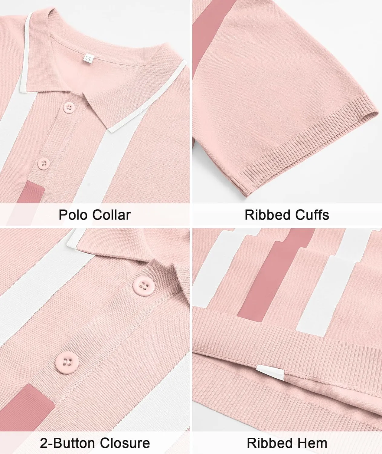 Ryehack Mens Casual Polo Shirts Knit Short Sleeve Vintage Striped Button T-Shirt Slim Fit Golf Vacation Shirt