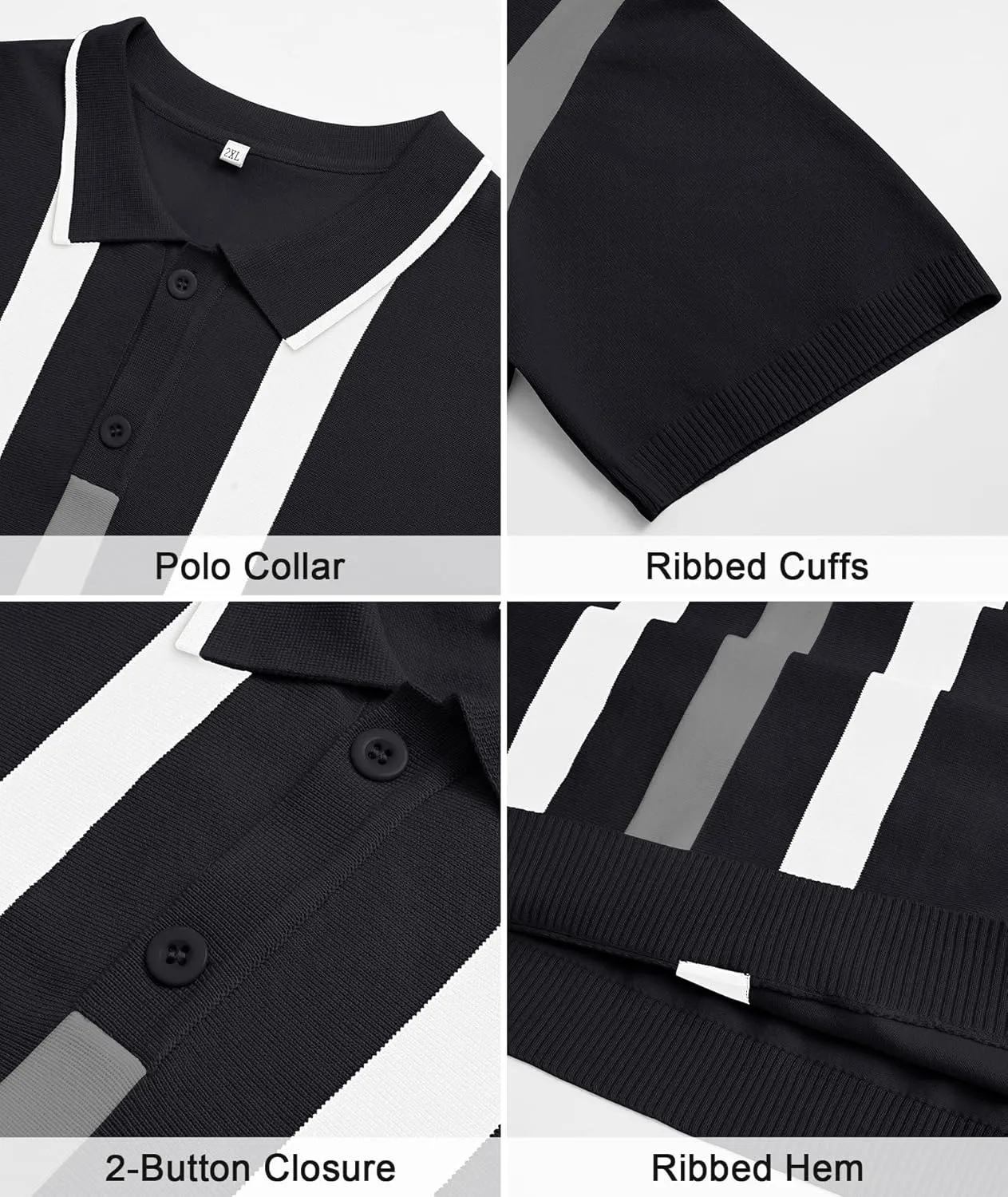 Ryehack Mens Casual Polo Shirts Knit Short Sleeve Vintage Striped Button T-Shirt Slim Fit Golf Vacation Shirt