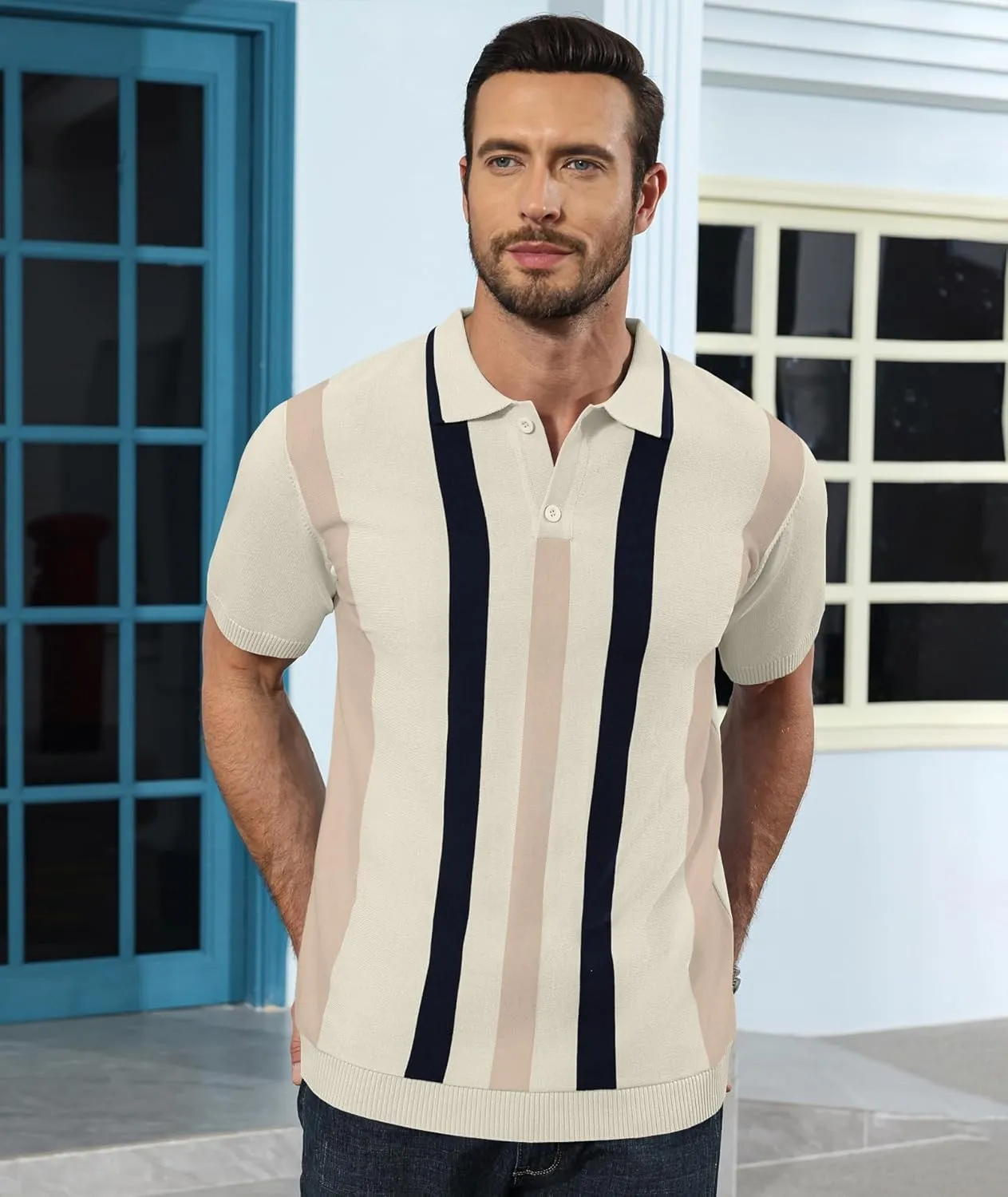 Ryehack Mens Casual Polo Shirts Knit Short Sleeve Vintage Striped Button T-Shirt Slim Fit Golf Vacation Shirt