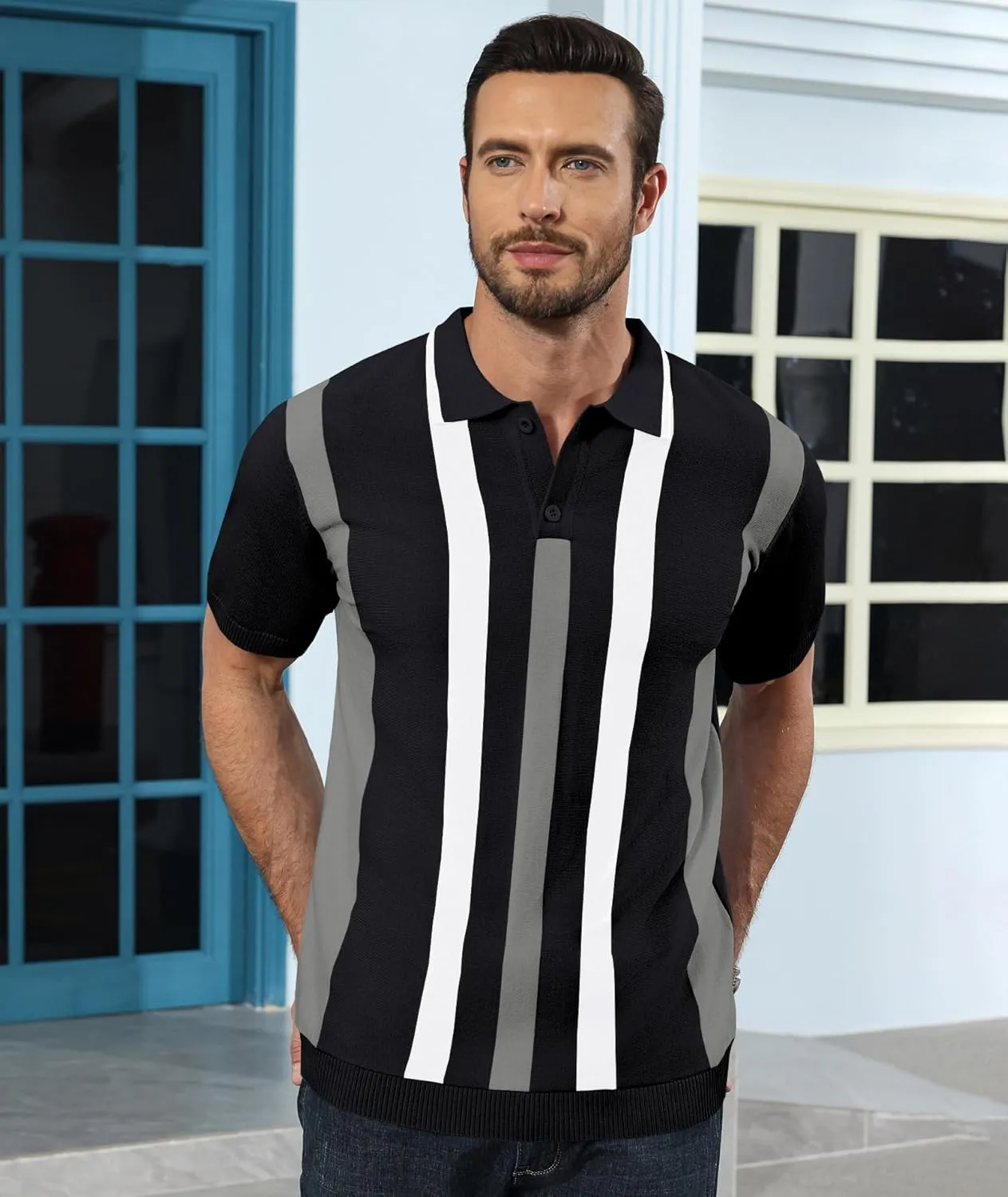 Ryehack Mens Casual Polo Shirts Knit Short Sleeve Vintage Striped Button T-Shirt Slim Fit Golf Vacation Shirt