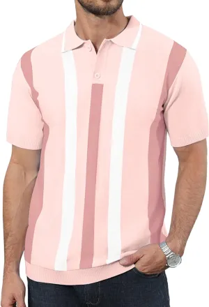 Ryehack Mens Casual Polo Shirts Knit Short Sleeve Vintage Striped Button T-Shirt Slim Fit Golf Vacation Shirt