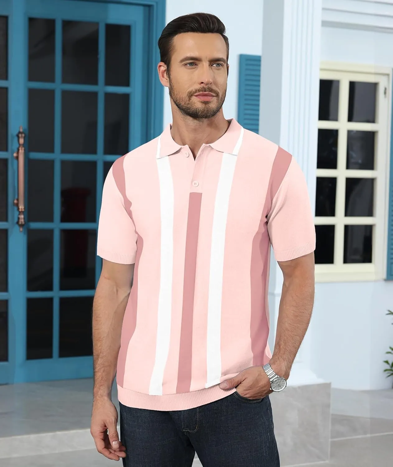 Ryehack Mens Casual Polo Shirts Knit Short Sleeve Vintage Striped Button T-Shirt Slim Fit Golf Vacation Shirt