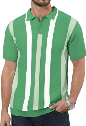 Ryehack Mens Casual Polo Shirts Knit Short Sleeve Vintage Striped Button T-Shirt Slim Fit Golf Vacation Shirt