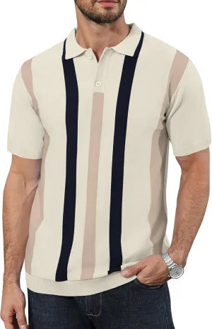 Ryehack Mens Casual Polo Shirts Knit Short Sleeve Vintage Striped Button T-Shirt Slim Fit Golf Vacation Shirt
