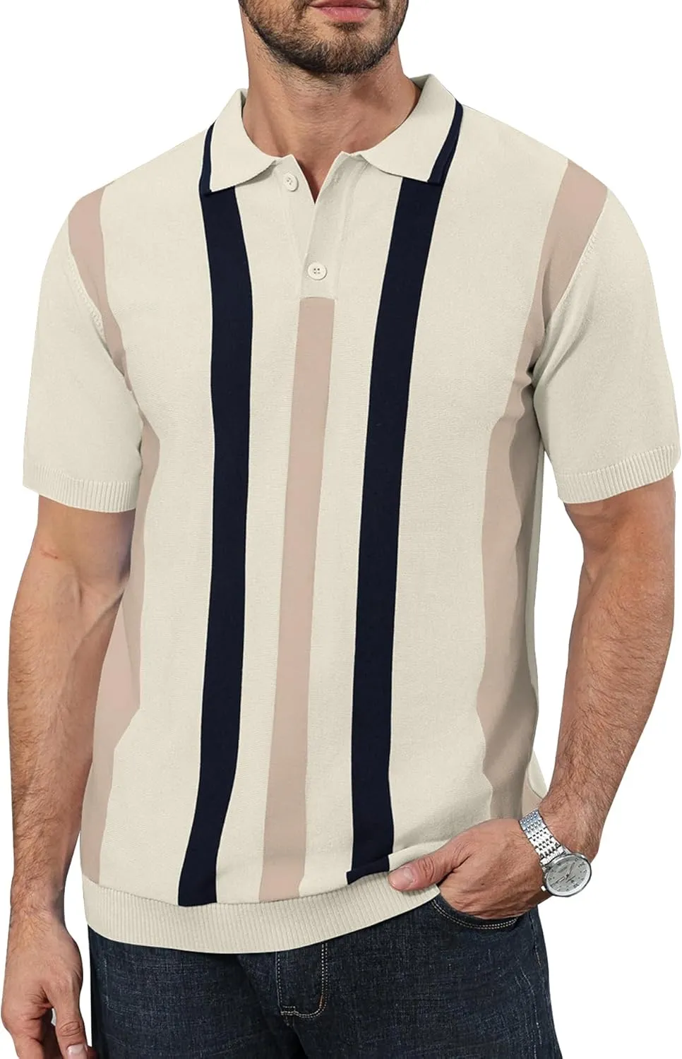 Ryehack Mens Casual Polo Shirts Knit Short Sleeve Vintage Striped Button T-Shirt Slim Fit Golf Vacation Shirt