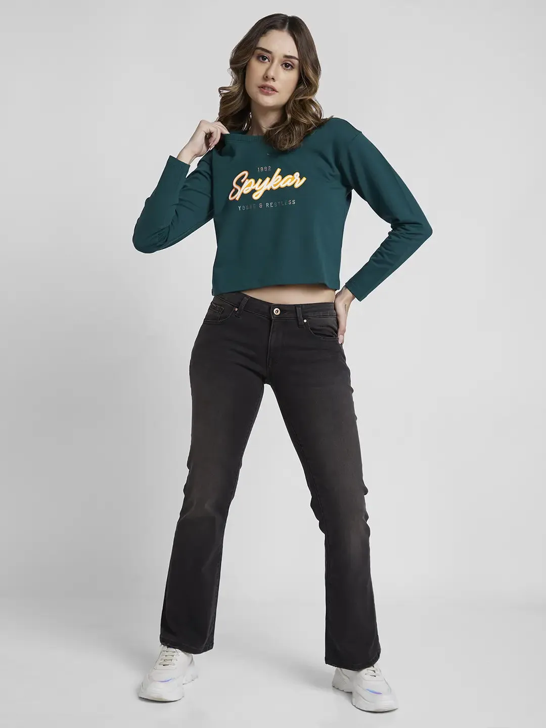 Spykar Women Marine Teal Blended Boxy Fit Round Neck Printed Crop Sweatshirt