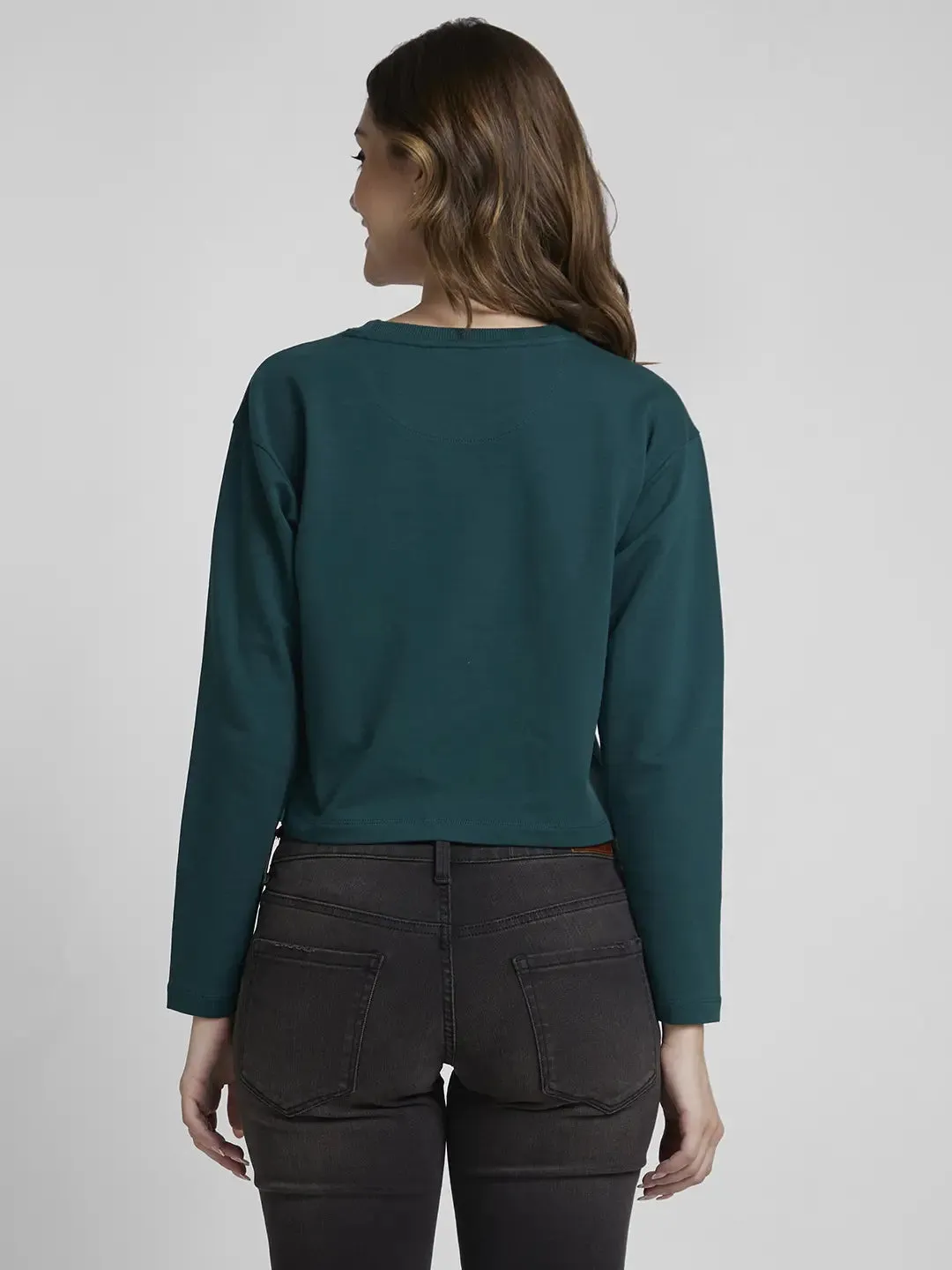 Spykar Women Marine Teal Blended Boxy Fit Round Neck Printed Crop Sweatshirt