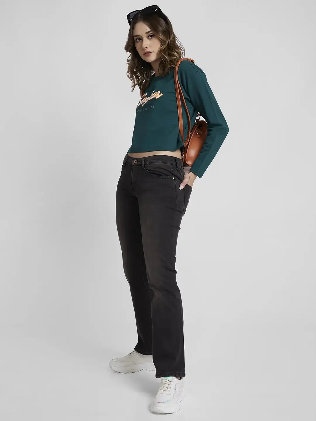 Spykar Women Marine Teal Blended Boxy Fit Round Neck Printed Crop Sweatshirt
