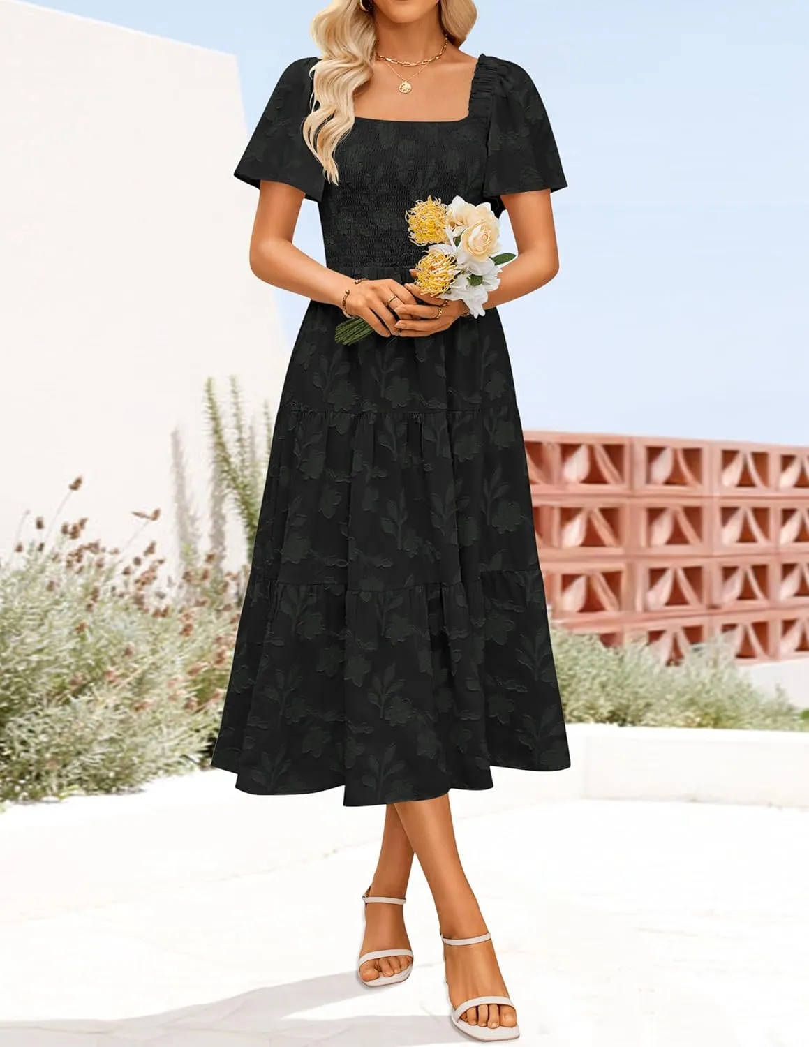 ZESICA Women's Summer Boho Floral Midi Dresses 2025 Casual Short Sleeve Square Neck Flowy Beach Vacation Long Dress