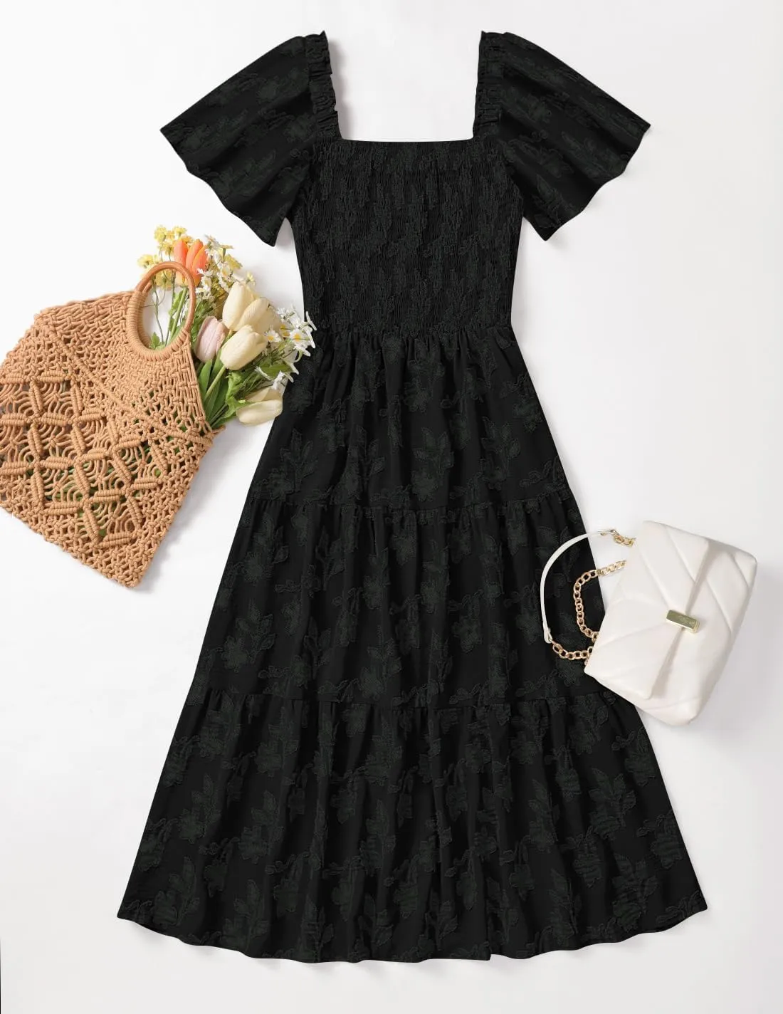 ZESICA Women's Summer Boho Floral Midi Dresses 2025 Casual Short Sleeve Square Neck Flowy Beach Vacation Long Dress