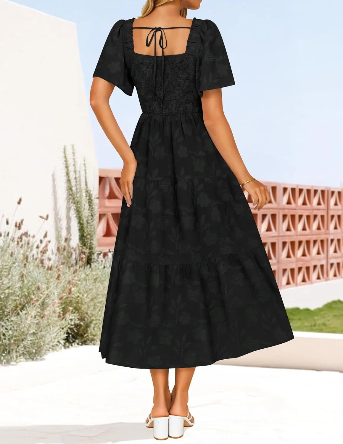 ZESICA Women's Summer Boho Floral Midi Dresses 2025 Casual Short Sleeve Square Neck Flowy Beach Vacation Long Dress