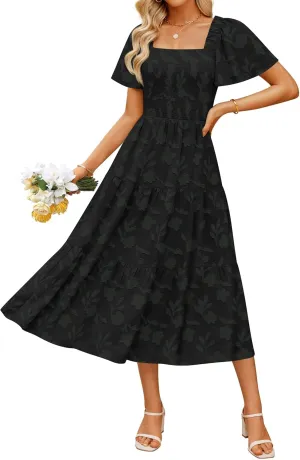 ZESICA Women's Summer Boho Floral Midi Dresses 2025 Casual Short Sleeve Square Neck Flowy Beach Vacation Long Dress
