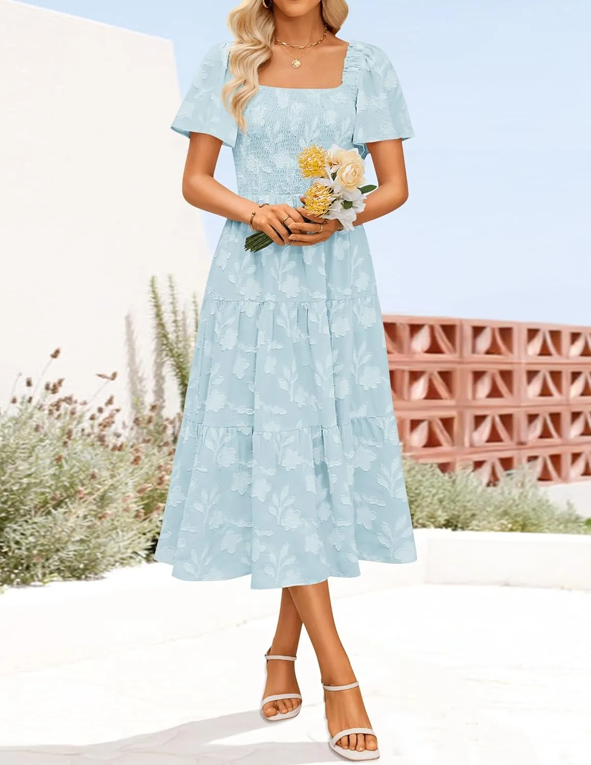 ZESICA Women's Summer Boho Floral Midi Dresses 2025 Casual Short Sleeve Square Neck Flowy Beach Vacation Long Dress