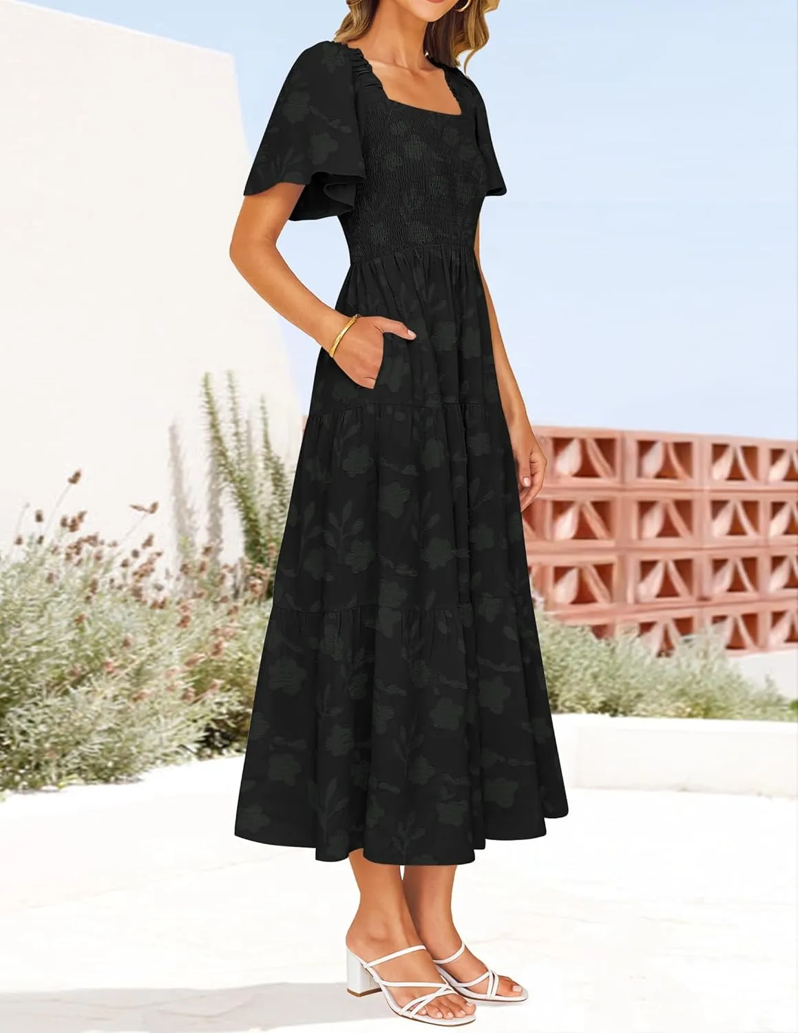 ZESICA Women's Summer Boho Floral Midi Dresses 2025 Casual Short Sleeve Square Neck Flowy Beach Vacation Long Dress