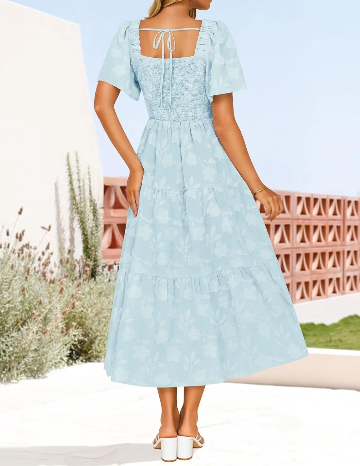 ZESICA Women's Summer Boho Floral Midi Dresses 2025 Casual Short Sleeve Square Neck Flowy Beach Vacation Long Dress