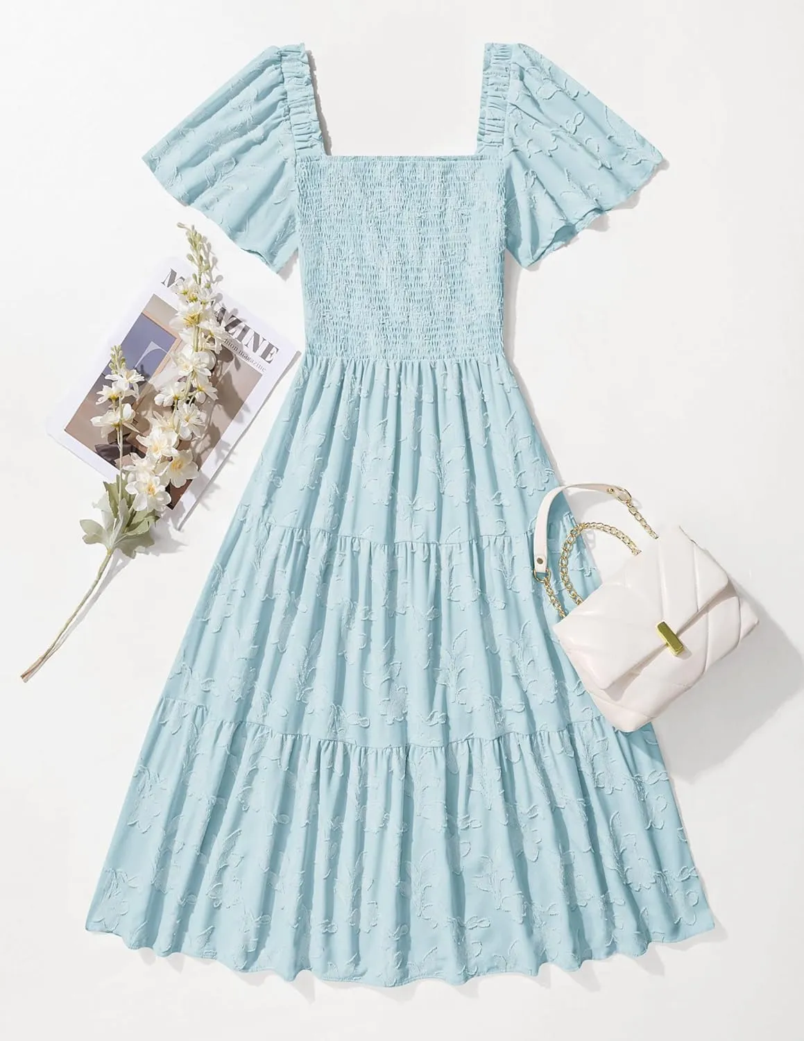 ZESICA Women's Summer Boho Floral Midi Dresses 2025 Casual Short Sleeve Square Neck Flowy Beach Vacation Long Dress
