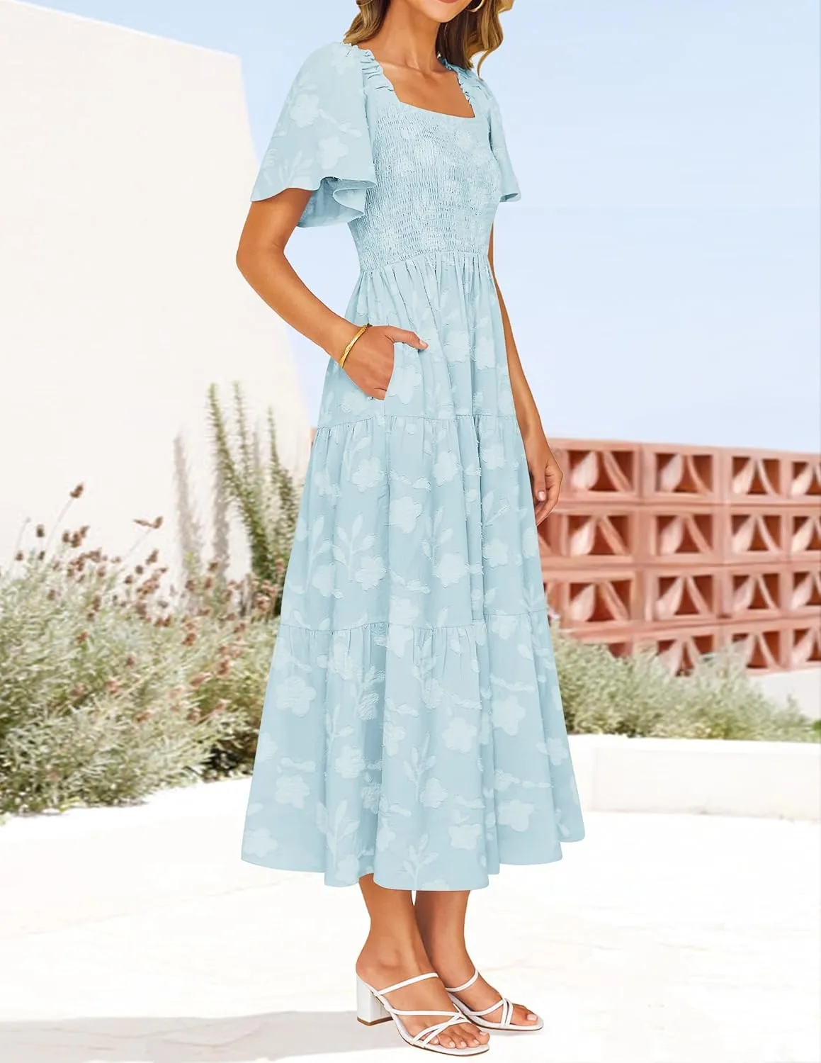 ZESICA Women's Summer Boho Floral Midi Dresses 2025 Casual Short Sleeve Square Neck Flowy Beach Vacation Long Dress