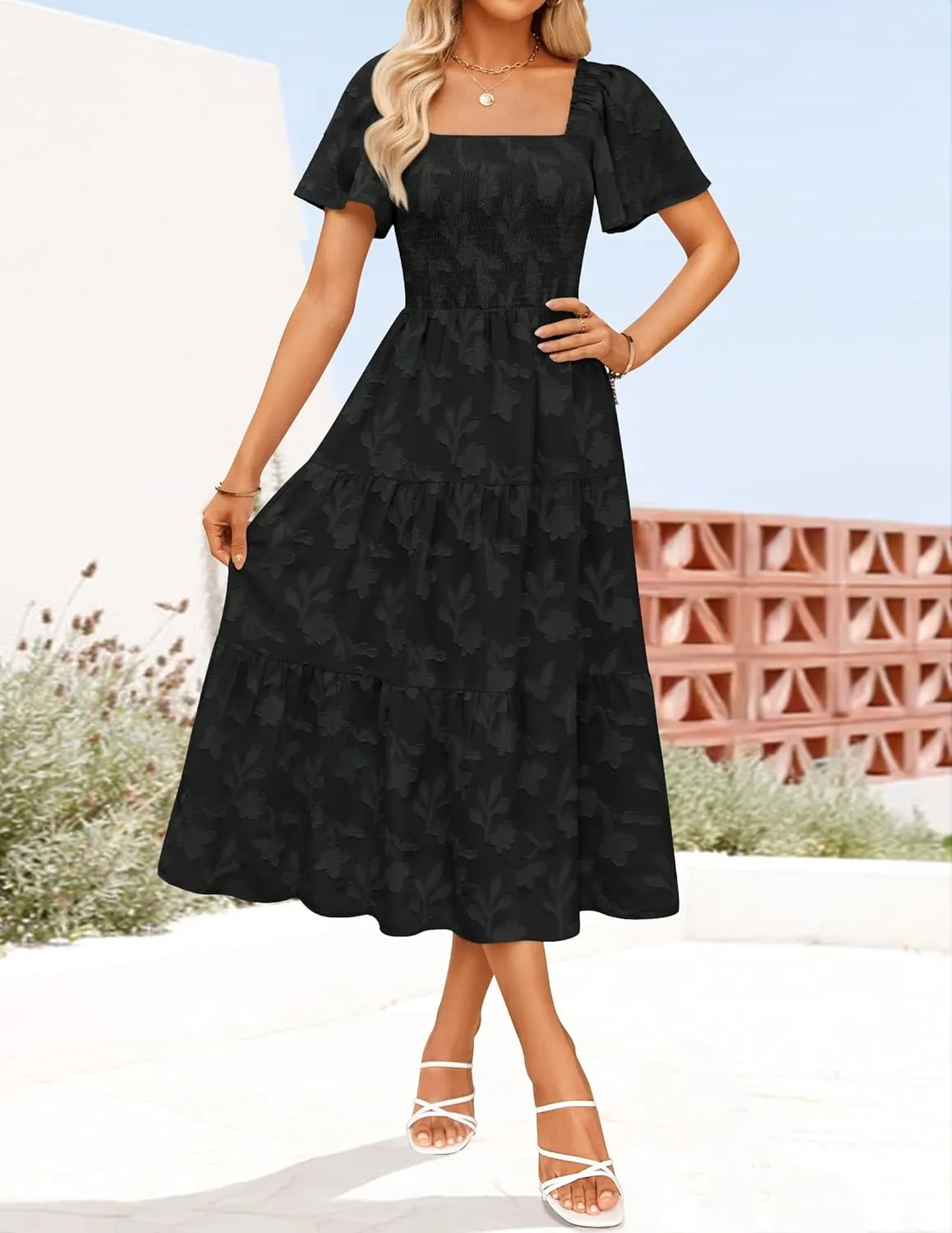 ZESICA Women's Summer Boho Floral Midi Dresses 2025 Casual Short Sleeve Square Neck Flowy Beach Vacation Long Dress