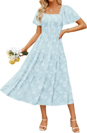 ZESICA Women's Summer Boho Floral Midi Dresses 2025 Casual Short Sleeve Square Neck Flowy Beach Vacation Long Dress